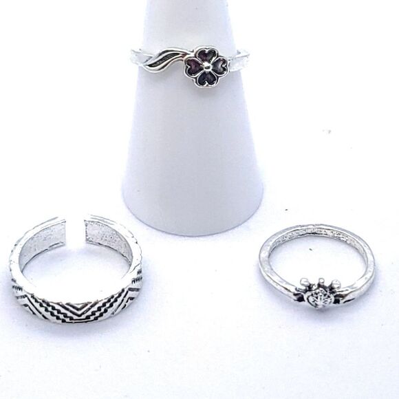 3 pc Set Stackable Gypsy Boho Knuckle Rings Turtle Floral Silver Zinc Alloy - Picture 4 of 7